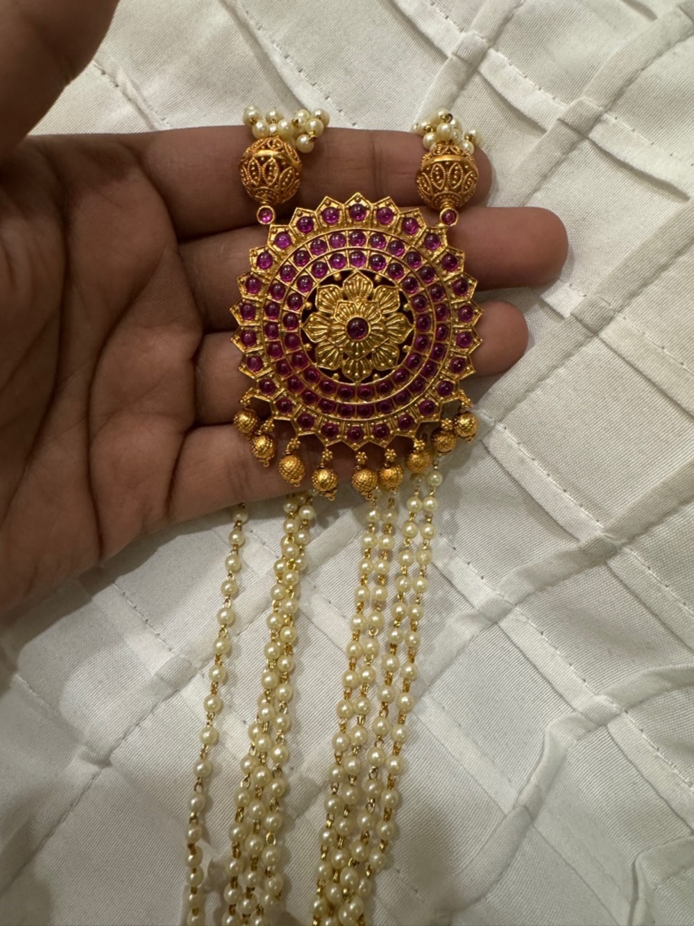 Gold-Tone Pearl Layered Necklace with Pink Stone Pendant
